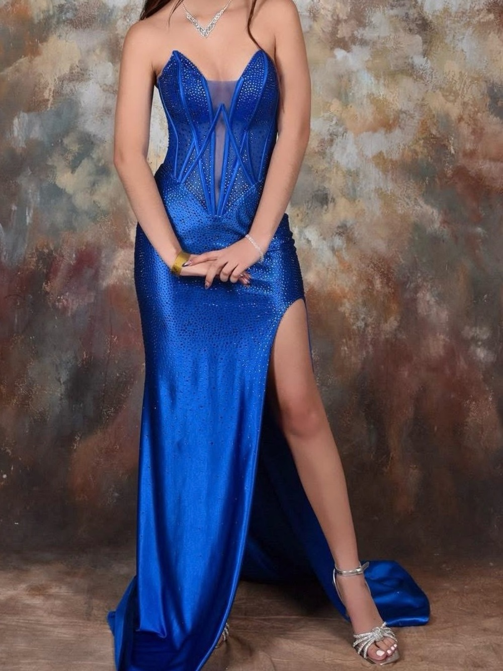Cinderella Royal Blue Strapless Corset Prom Gown with Thigh Slit